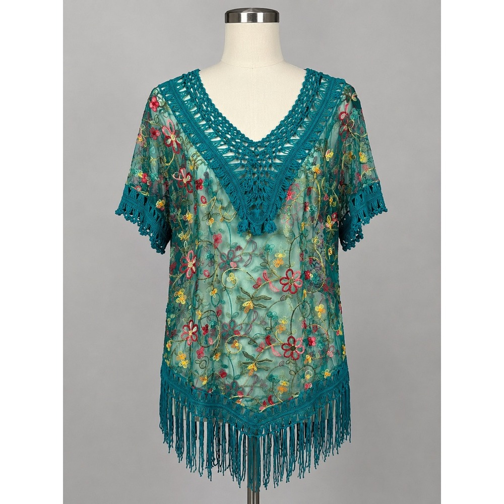 Boho Festival Fairycore Floral Embroidered Crochet Fringe Mesh Cover Up Tunic